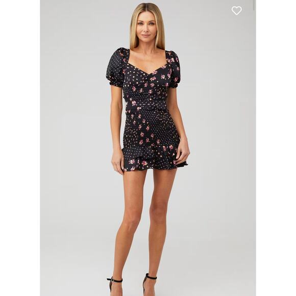 For Love & Lemons Camellia Mini Dress Black Floral Smocked Short Sleeve Medium - Picture 9 of 12